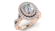 14K Rose Gold Twisted Pavé Double Halo Oval Shaped Engagement Ring | .75 Carat Total Weight